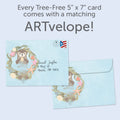 Load image into Gallery viewer, The envelope for Tree-Free’s Sea Of Happy card, along with the following text: “Every Tree-Free 5x7 card comes with a matching ARTvelope!”
