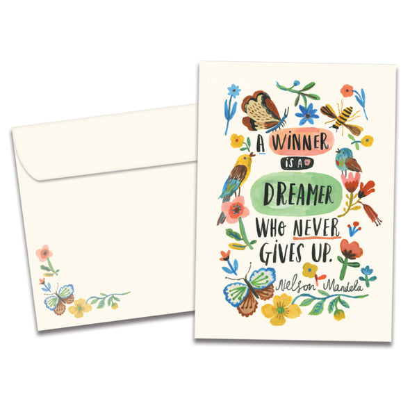 The cover of Tree-Free's Winner Dreamer card, along with its matching envelope.