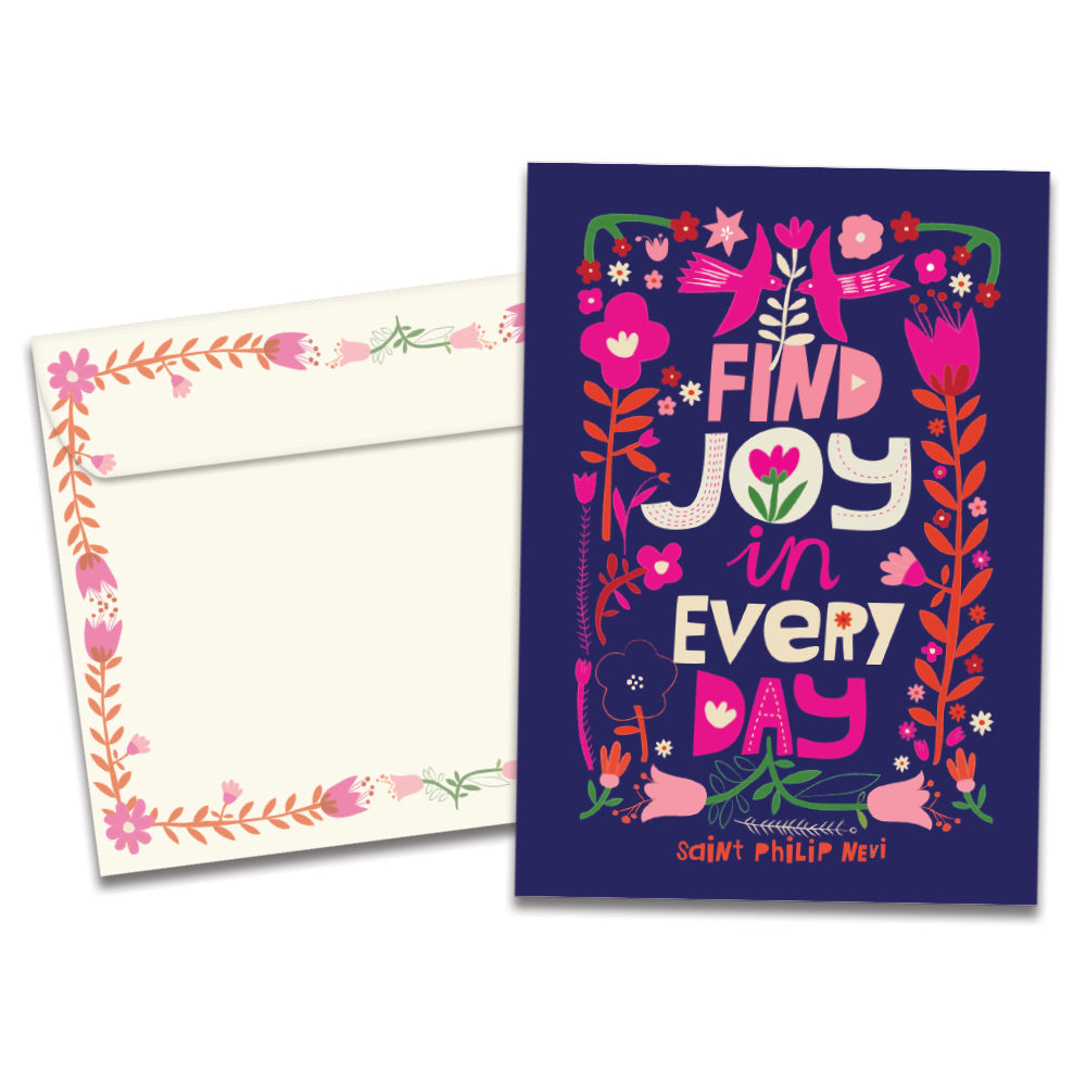 The cover of Tree-Free's Find Joy Flowers card, along with its matching envelope.