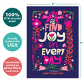 Load image into Gallery viewer, The cover of Tree-Free’s Find Joy Flowers card with lines demonstrating its 5x7 dimensions, along with the following text: “100% PCW recycled paper, proudly made in the USA, sustainably printed on extra-thick card stock”
