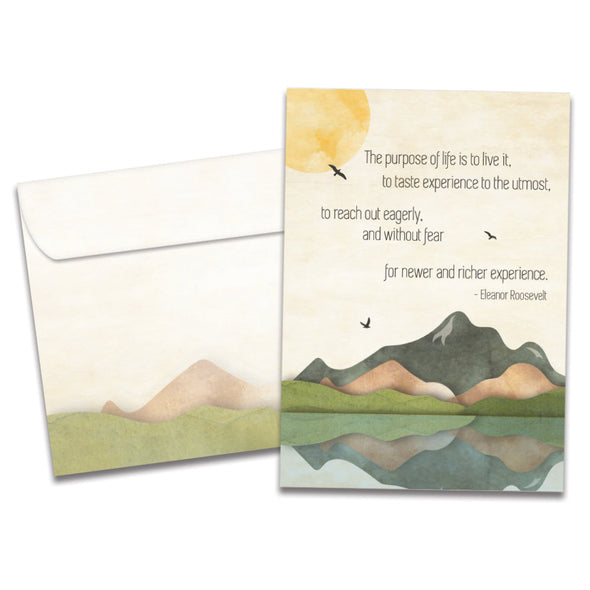 The cover of Tree-Free's Purpose of Life card, along with its matching envelope.