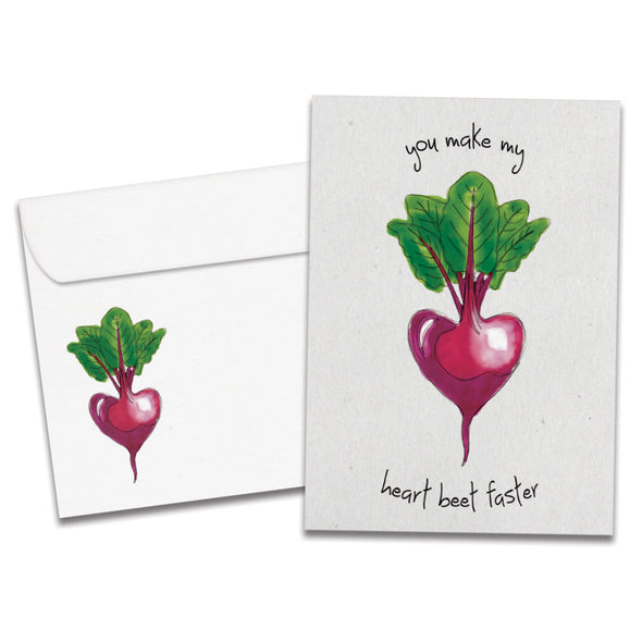 The cover of Tree-Free's Heart Beet card, along with its matching envelope.