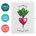 Load image into Gallery viewer, The cover of Tree-Free’s Heart Beet card with lines demonstrating its 5x7 dimensions, along with the following text: “100% PCW recycled paper, proudly made in the USA, sustainably printed on extra-thick card stock”
