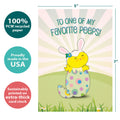 Load image into Gallery viewer, The cover of Tree-Free’s Favorite Peep card with lines demonstrating its 5x7 dimensions, along with the following text: “100% PCW recycled paper, proudly made in the USA, sustainably printed on extra-thick card stock”
