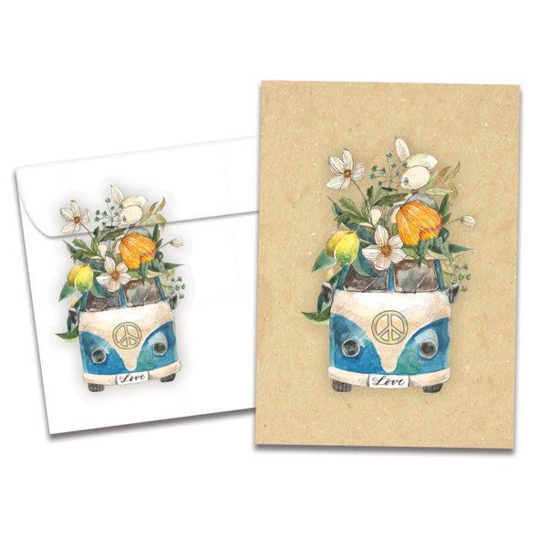 The cover of Tree-Free's Flower Van card, along with its matching envelope.
