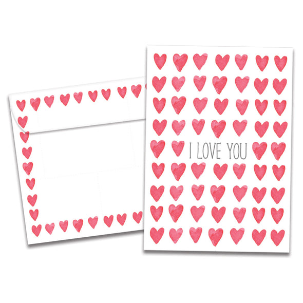 The cover of Tree-Free's Watercolor Hearts card, along with its matching envelope.