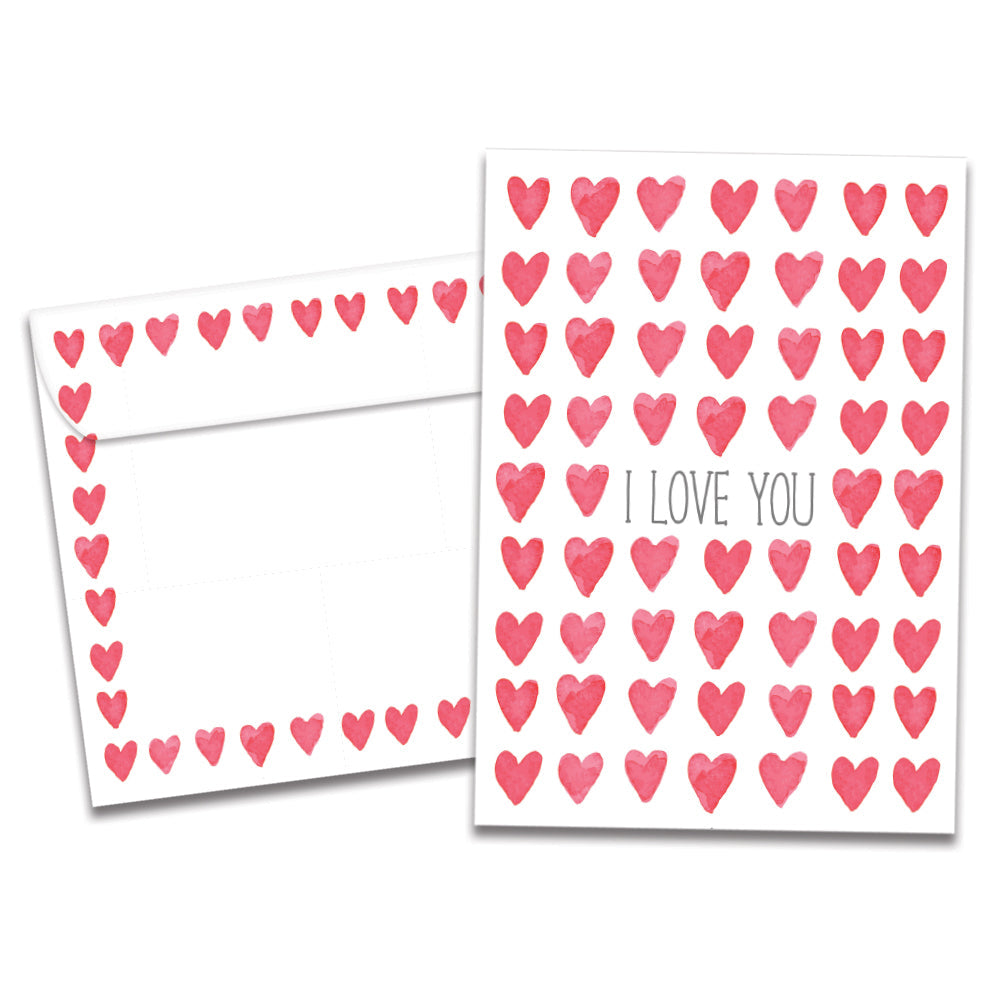 The cover of Tree-Free's Watercolor Hearts card, along with its matching envelope.