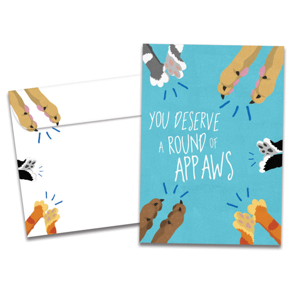 The cover of Tree-Free's Round of Appaws card, along with its matching envelope.