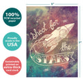 Load image into Gallery viewer, The cover of Tree-Free’s Shoot for the Stars card with lines demonstrating its 5x7 dimensions, along with the following text: “100% PCW recycled paper, proudly made in the USA, sustainably printed on extra-thick card stock”
