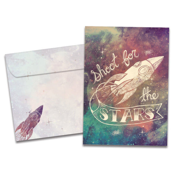 The cover of Tree-Free's Shoot for the Stars card, along with its matching envelope.