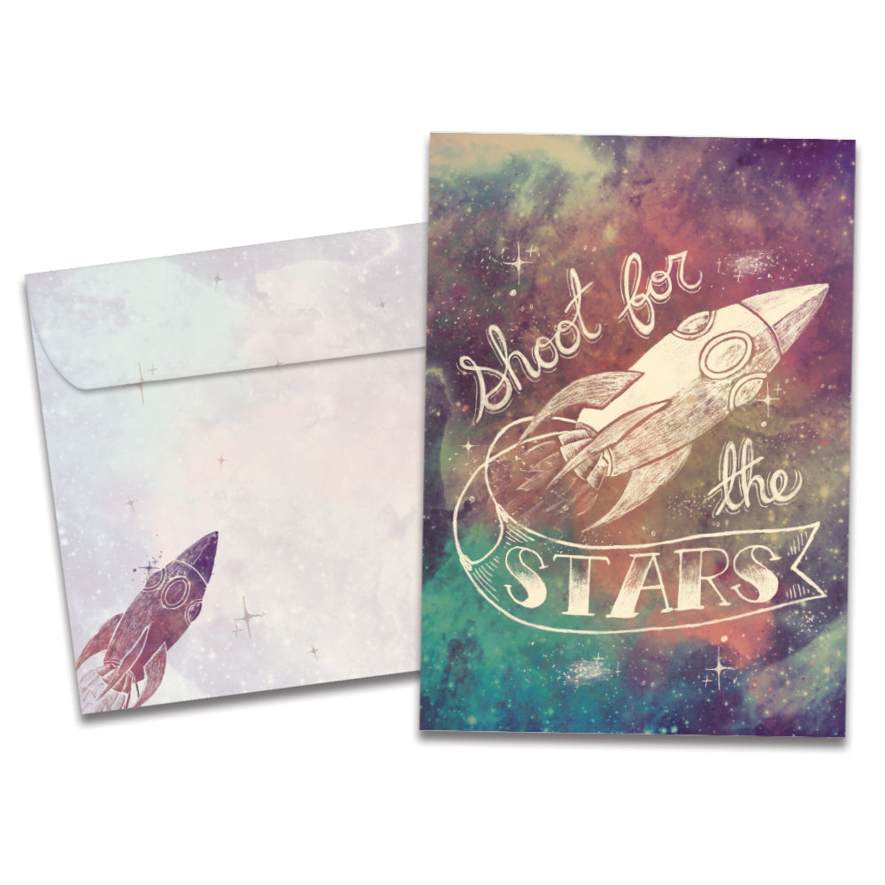 The cover of Tree-Free's Shoot for the Stars card, along with its matching envelope.