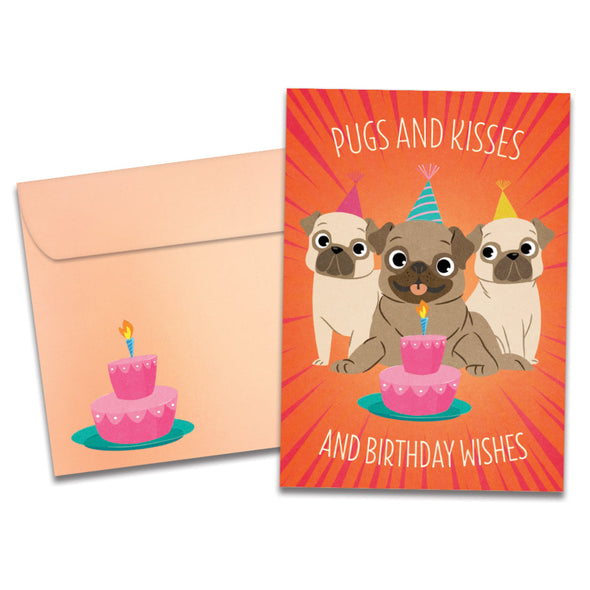 The cover of Tree-Free's Pugs And Kisses Birthday Card card, along with its matching envelope.