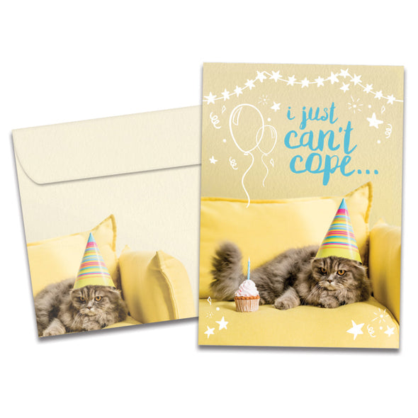 The cover of Tree-Free's Can't Cope Cat card, along with its matching envelope.