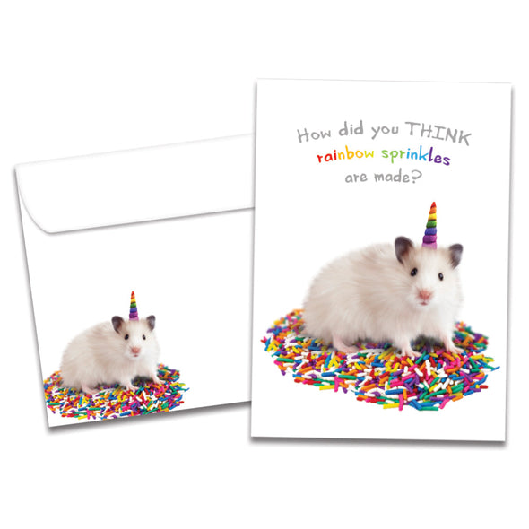 The cover of Tree-Free's Rainbow Sprinkles Mouse card, along with its matching envelope.