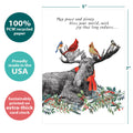 Load image into Gallery viewer, The cover of Tree-Free’s Boho Moose Blessings card with lines demonstrating its 5x7 dimensions, along with the following text: “100% PCW recycled paper, proudly made in the USA, sustainably printed on extra-thick card stock”
