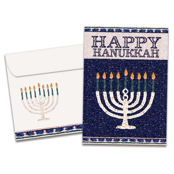 The cover of Tree-Free's Jerusalem Mosaic Menorah Hanukkah Card card, along with its matching envelope.