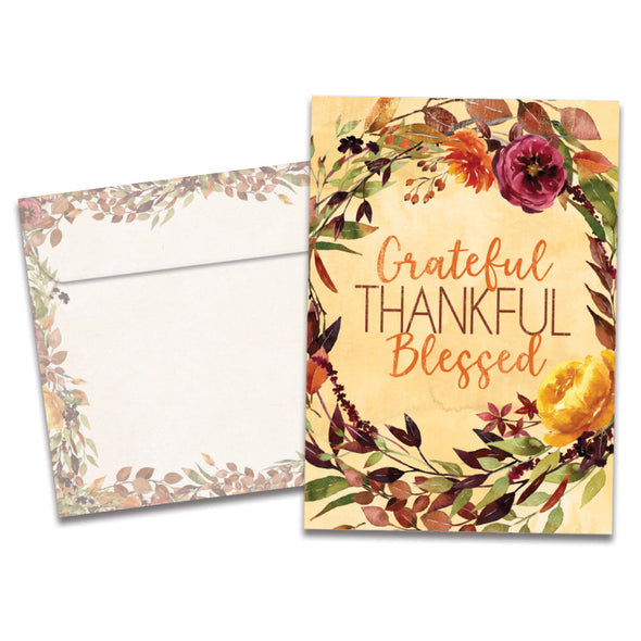 The cover of Tree-Free's Grateful Blessed Thanksgiving Card card, along with its matching envelope.