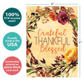 Load image into Gallery viewer, The cover of Tree-Free’s Grateful Blessed card with lines demonstrating its 5x7 dimensions, along with the following text: “100% PCW recycled paper, proudly made in the USA, sustainably printed on extra-thick card stock”
