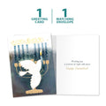 Load image into Gallery viewer, The cover and inside of Tree-Free’s Peace Dove Menorah Hanukkah Card card, along with the following text: “1 greeting card, 1 matching envelope”
