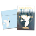 Load image into Gallery viewer, The cover of Tree-Free&#39;s Peace Dove Menorah Hanukkah Card card, along with its matching envelope.
