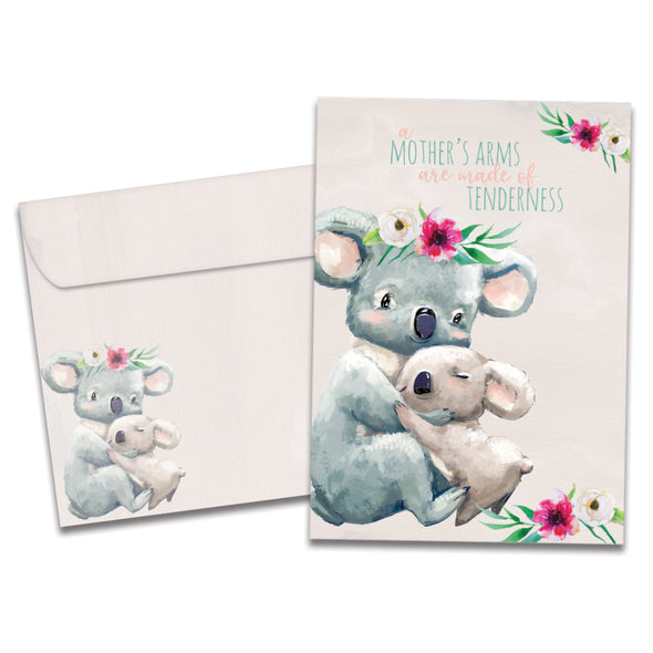 The cover of Tree-Free's Tender Care Mom card, along with its matching envelope.