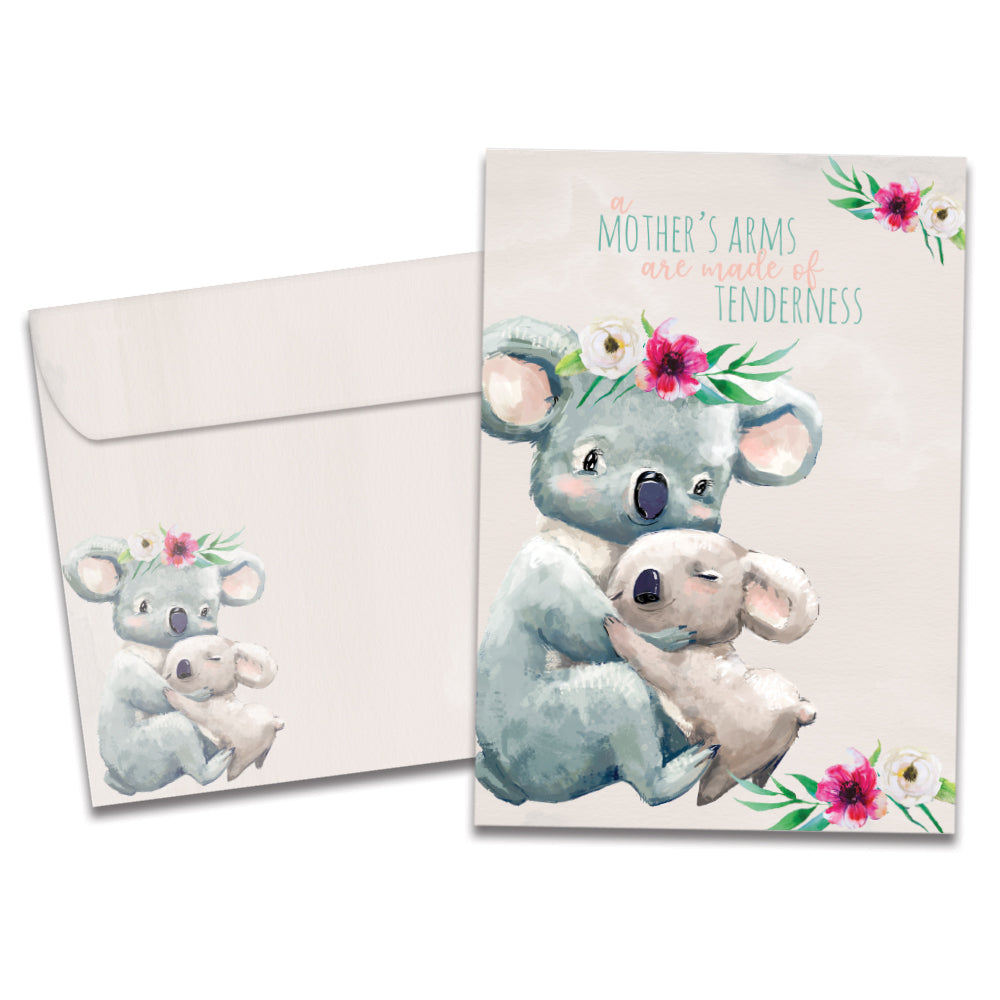 The cover of Tree-Free's Tender Care Mom card, along with its matching envelope.