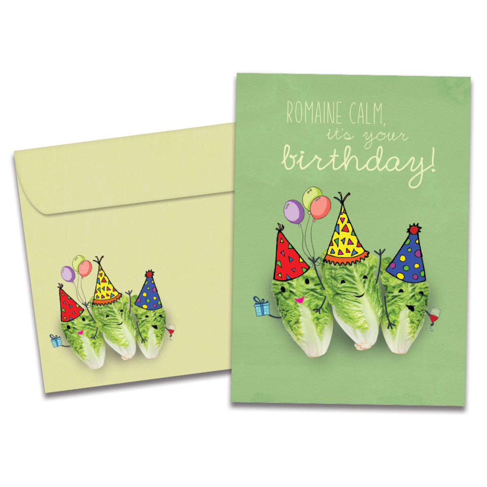 The cover of Tree-Free's Romaine Calm card, along with its matching envelope.