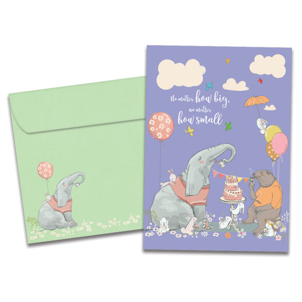 The cover of Tree-Free's Birthday Party Animals card, along with its matching envelope.