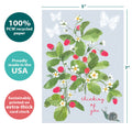Load image into Gallery viewer, The cover of Tree-Free’s Strawberry Plant Thinking Of You Card card with lines demonstrating its 5x7 dimensions, along with the following text: “100% PCW recycled paper, proudly made in the USA, sustainably printed on extra-thick card stock”
