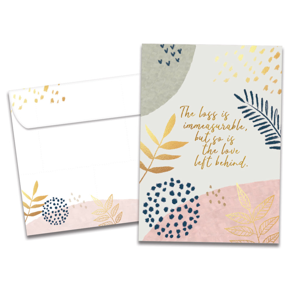 The cover of Tree-Free's Immeasurable Loss Sympathy Card card, along with its matching envelope.