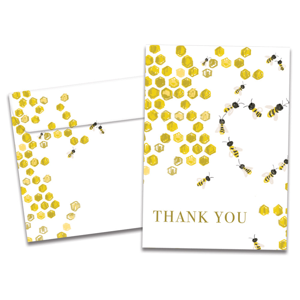 Cover of Bee Kind Thank You card (featuring serif text below artwork of bumblebees in a hive flying in a heart-shaped formation) and its matching envelope