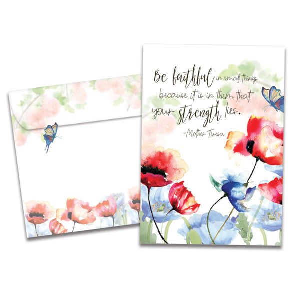 The cover of Tree-Free's In Small Things Support Card card, along with its matching envelope.