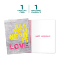 Load image into Gallery viewer, The cover and inside of Tree-Free’s All You Need is Love card, along with the following text: “1 greeting card, 1 matching envelope”
