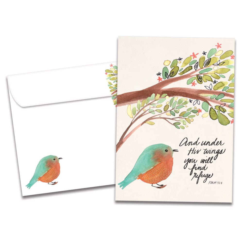 The cover of Tree-Free's Under His Wings card, along with its matching envelope.