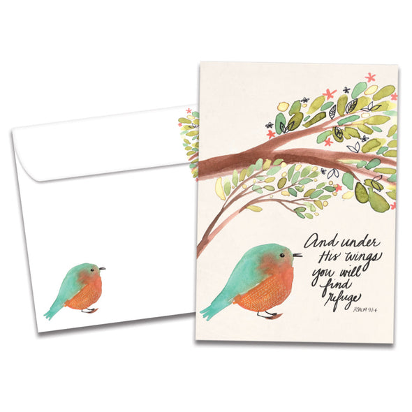 The cover of Tree-Free's Under His Wings Support Card card, along with its matching envelope.