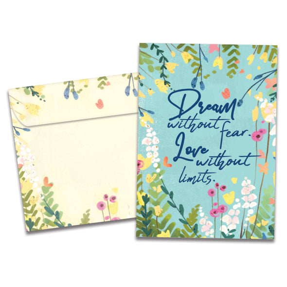 The cover of Tree-Free's Dream Without Fear All Occasion Card card, along with its matching envelope.