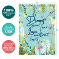 Load image into Gallery viewer, The cover of Tree-Free’s Dream Without Fear card with lines demonstrating its 5x7 dimensions, along with the following text: “100% PCW recycled paper, proudly made in the USA, sustainably printed on extra-thick card stock”
