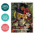 Load image into Gallery viewer, The cover of Tree-Free’s Closer To Perfection card with lines demonstrating its 5x7 dimensions, along with the following text: “100% PCW recycled paper, proudly made in the USA, sustainably printed on extra-thick card stock”
