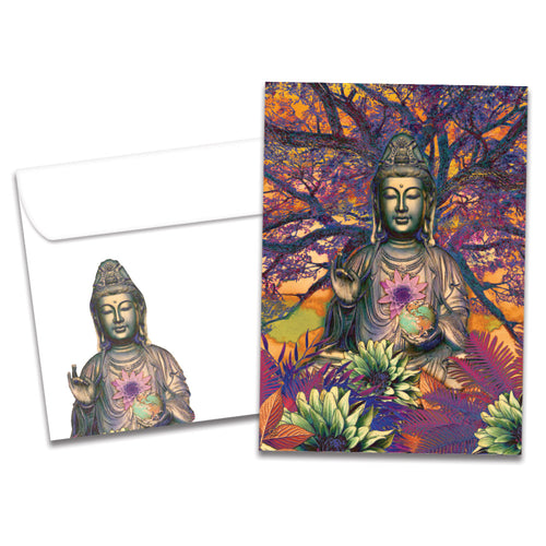 The cover of Tree-Free's Healing Buddha Get Well Card card, along with its matching envelope.