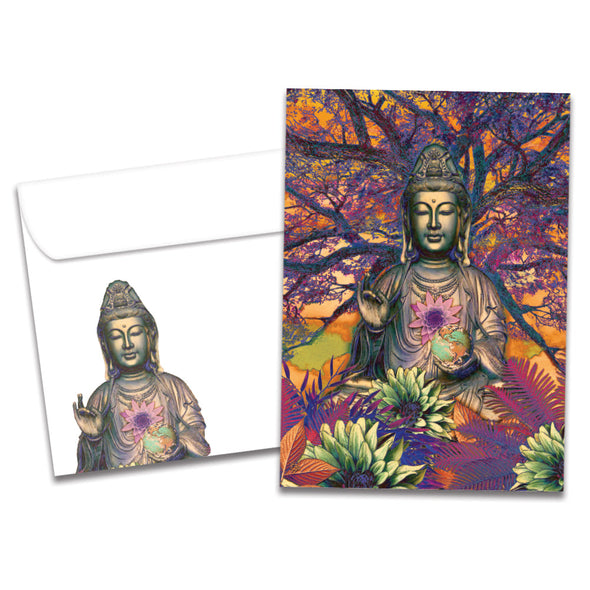 The cover of Tree-Free's Healing Buddha card, along with its matching envelope.