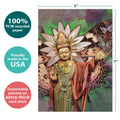 Load image into Gallery viewer, The cover of Tree-Free’s Butterfly Buddha card with lines demonstrating its 5x7 dimensions, along with the following text: “100% PCW recycled paper, proudly made in the USA, sustainably printed on extra-thick card stock”
