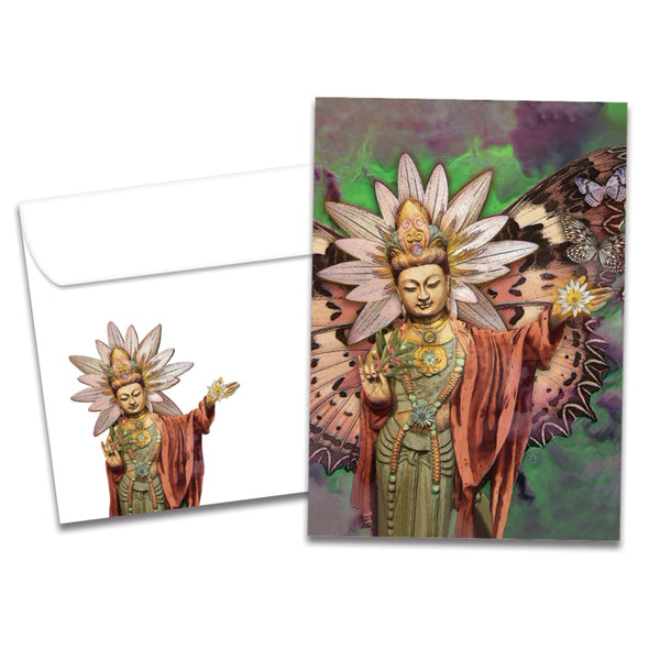 The cover of Tree-Free's Butterfly Buddha All Occasion Card card, along with its matching envelope.