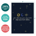 Load image into Gallery viewer, The cover of Tree-Free’s My World Thinking Of You Card card with lines demonstrating its 5x7 dimensions, along with the following text: “100% PCW recycled paper, proudly made in the USA, sustainably printed on extra-thick card stock”
