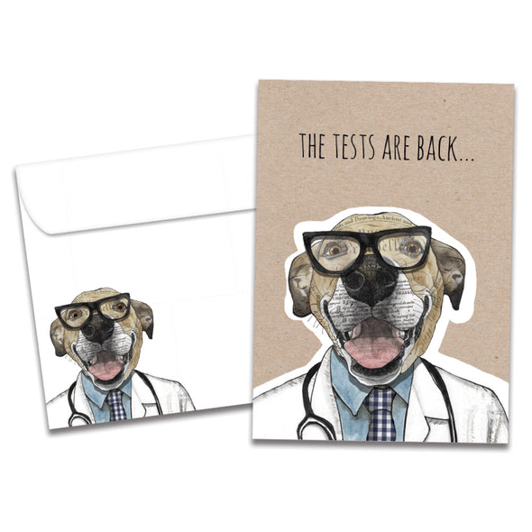 The cover of Tree-Free's Dead In Dog Years card, along with its matching envelope.