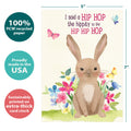 Load image into Gallery viewer, The cover of Tree-Free’s Hip Hip Hop card with lines demonstrating its 5x7 dimensions, along with the following text: “100% PCW recycled paper, proudly made in the USA, sustainably printed on extra-thick card stock”
