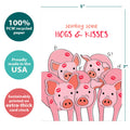 Load image into Gallery viewer, The cover of Tree-Free’s Hogs and Kisses card with lines demonstrating its 5x7 dimensions, along with the following text: “100% PCW recycled paper, proudly made in the USA, sustainably printed on extra-thick card stock”
