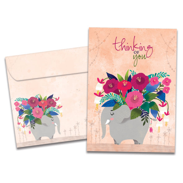 The cover of Tree-Free's Floral Bouquet Elephant card, along with its matching envelope.
