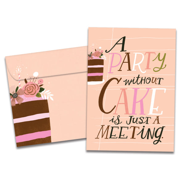 The cover of Tree-Free's Party With Cake card, along with its matching envelope.