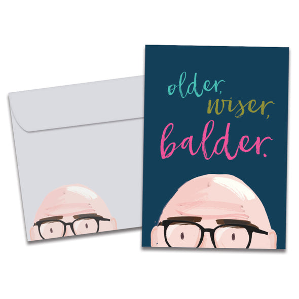The cover of Tree-Free's Older Wiser Balder Birthday Card card, along with its matching envelope.