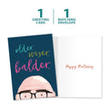 Load image into Gallery viewer, The cover and inside of Tree-Free’s Older Wiser Balder Birthday Card card, along with the following text: “1 greeting card, 1 matching envelope”

